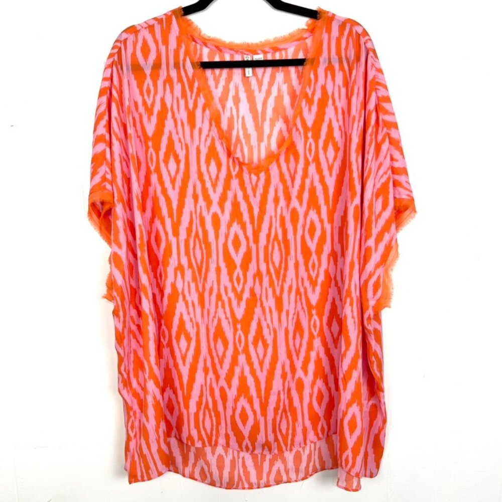 Cato Pink Orange Ikat Caftan Top Sheer Fringe Cover-Up Size 26/28W 4X